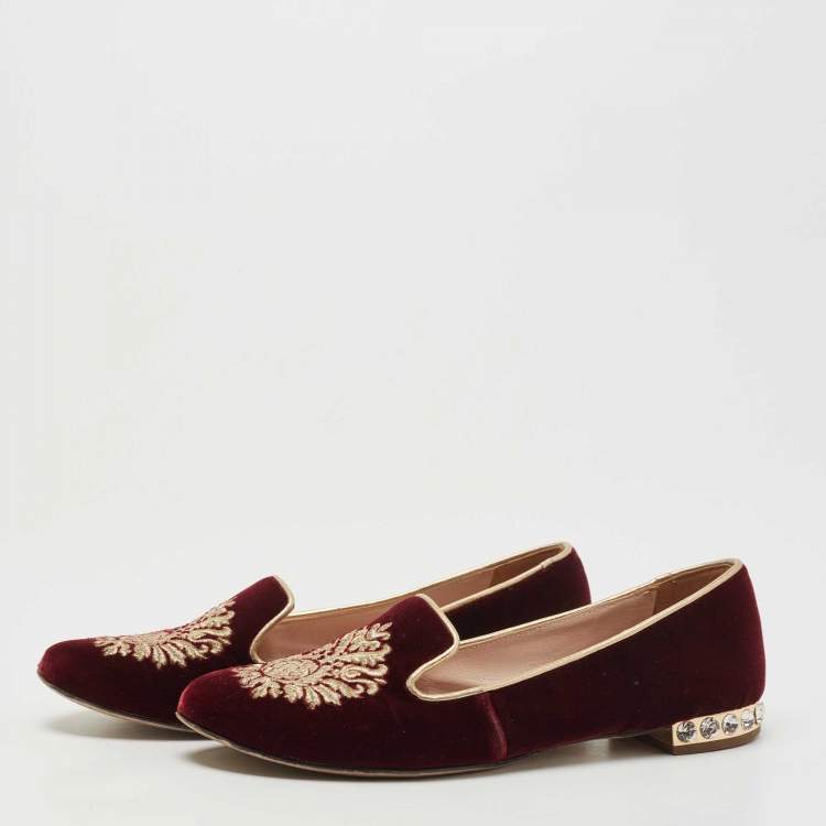 Pre Owned Miu Miu Burgundy Velvet Crest Embroidered Smoking Slippers Size 35.5