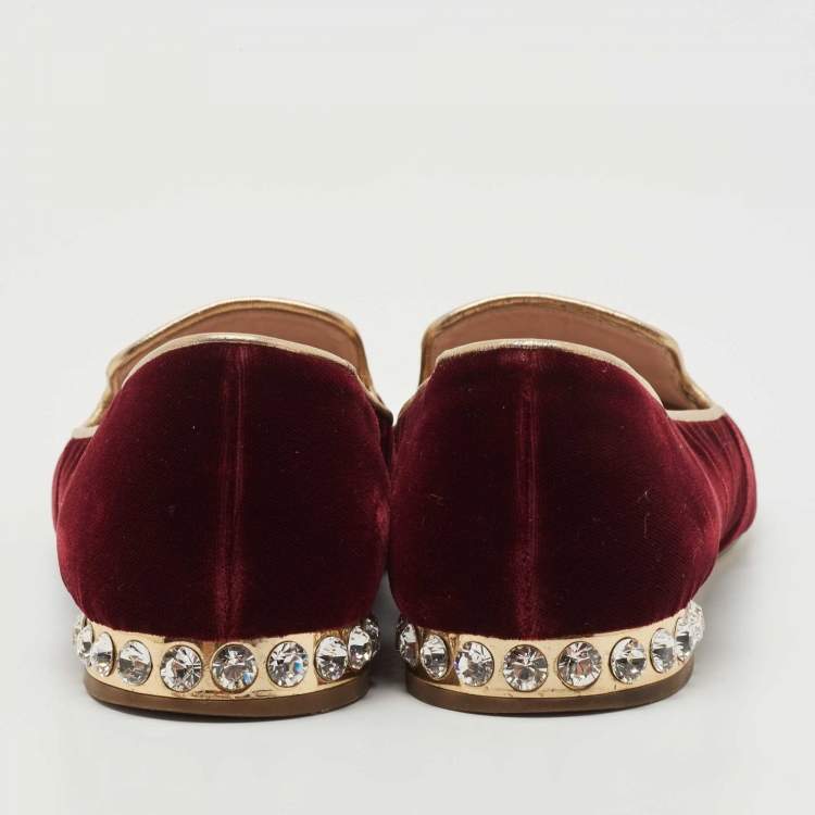 Pre Owned Miu Miu Burgundy Velvet Crest Embroidered Smoking Slippers Size 35.5