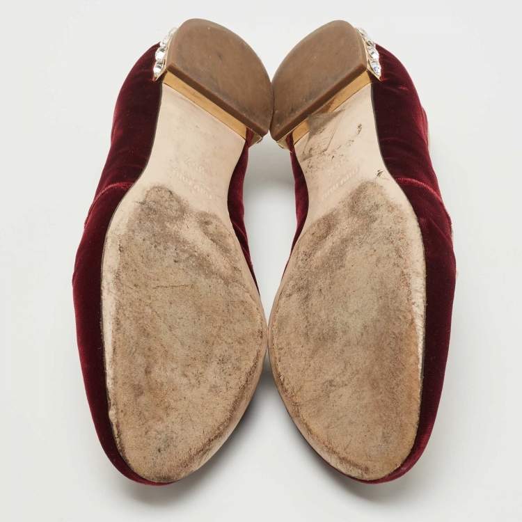 Pre Owned Miu Miu Burgundy Velvet Crest Embroidered Smoking Slippers Size 35.5