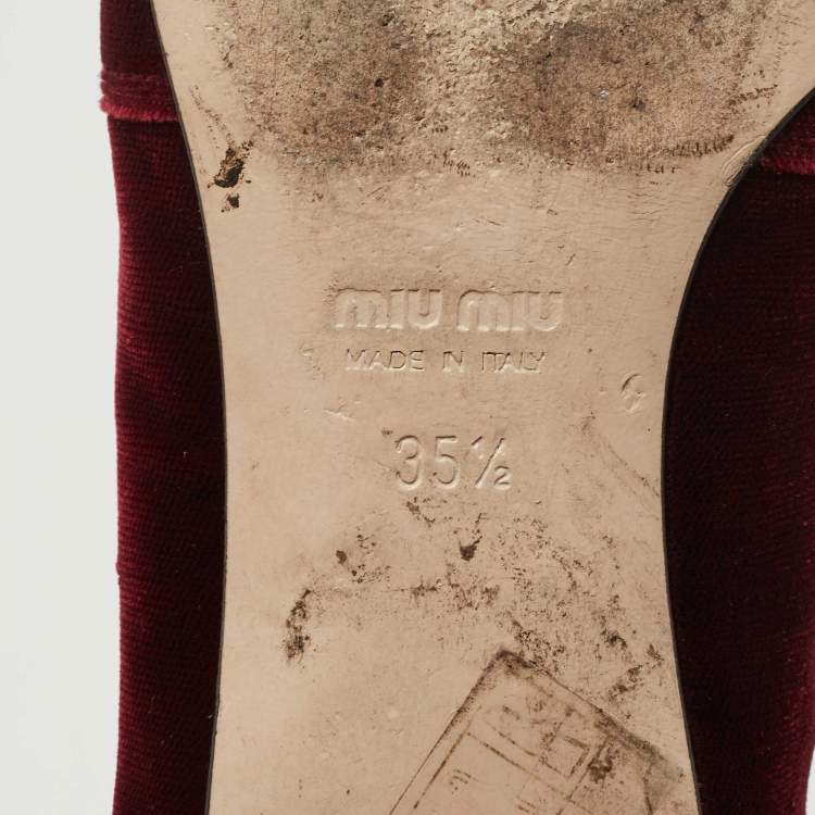 Pre Owned Miu Miu Burgundy Velvet Crest Embroidered Smoking Slippers Size 35.5