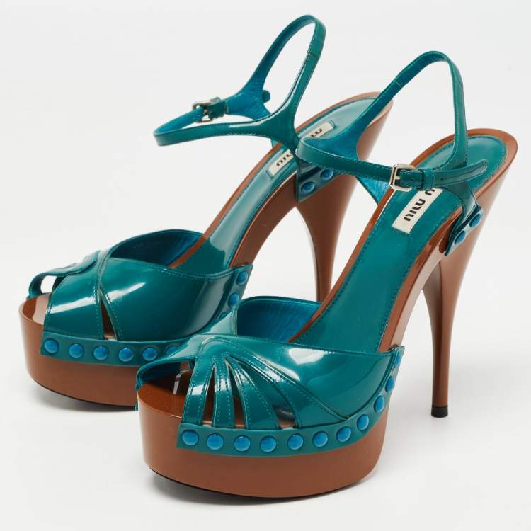 Pre Owned Miu Miu Teal Patent Leather Studded Platform Ankle Strap Sandals Size 37