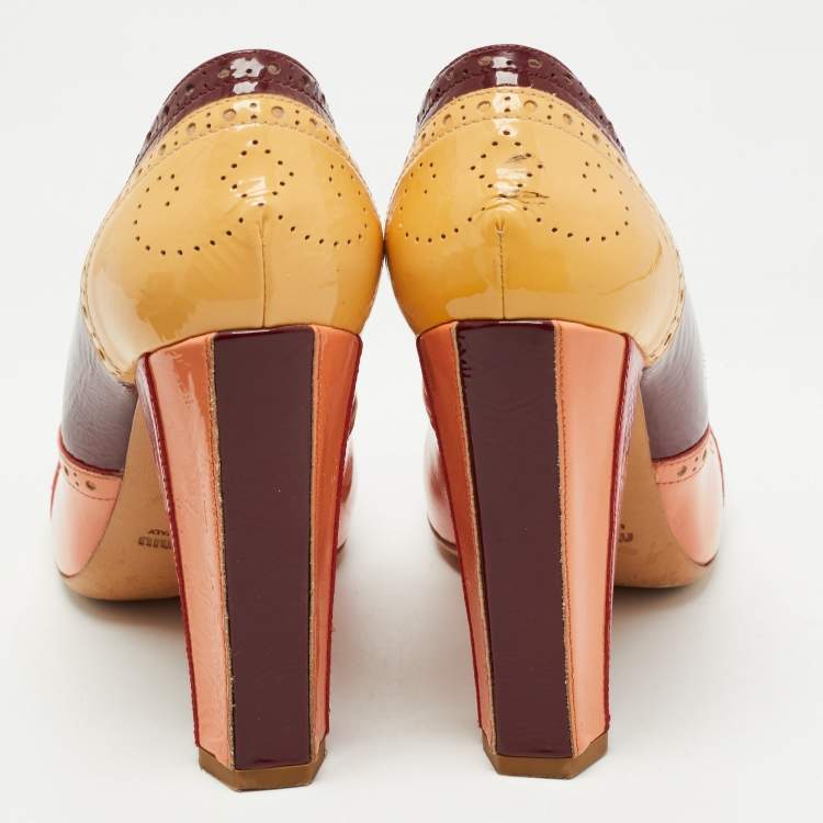 Pre Owned Miu Miu Multicolor Patent Leather Brogue Block Heel Pumps Size 40