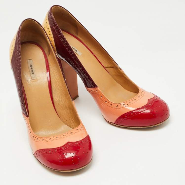 Pre Owned Miu Miu Multicolor Patent Leather Brogue Block Heel Pumps Size 40