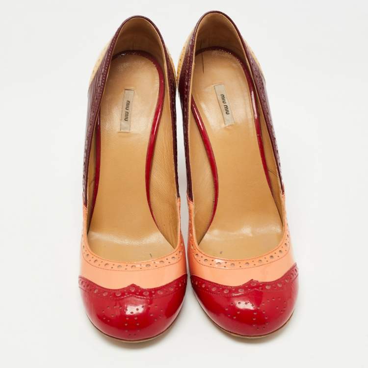 Pre Owned Miu Miu Multicolor Patent Leather Brogue Block Heel Pumps Size 40
