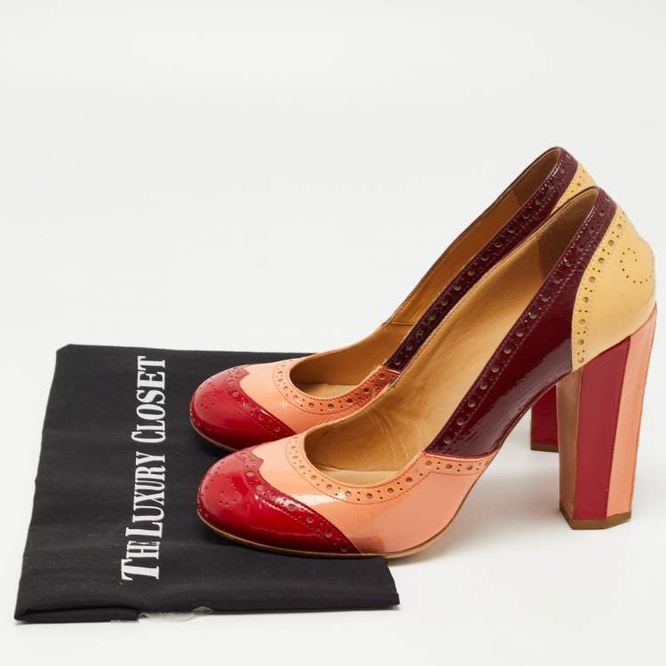 Pre Owned Miu Miu Multicolor Patent Leather Brogue Block Heel Pumps Size 40