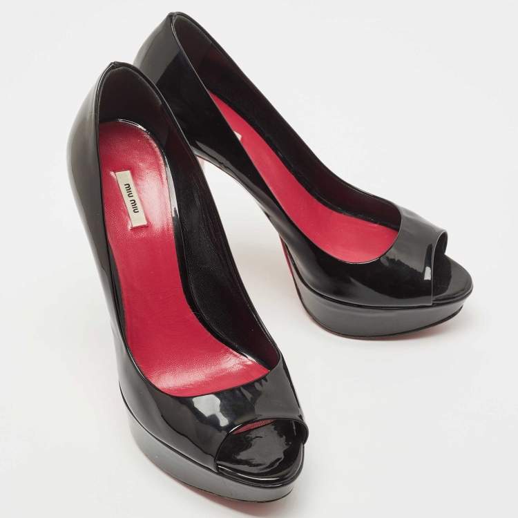Pre Owned Miu Miu Black Patent Leather Peep Toe Pumps Size 37.5