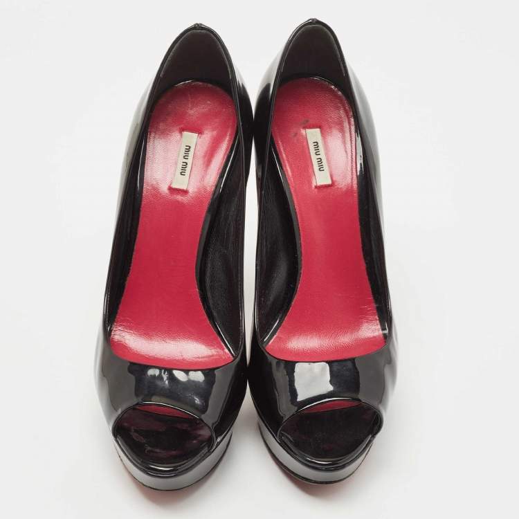 Pre Owned Miu Miu Black Patent Leather Peep Toe Pumps Size 37.5