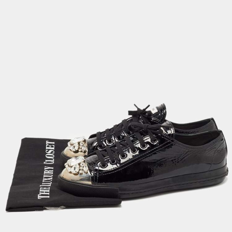 Pre Owned Miu Miu Black Patent Leather Crystal Embellished Cap Toe Low Top Sneakers Size 41