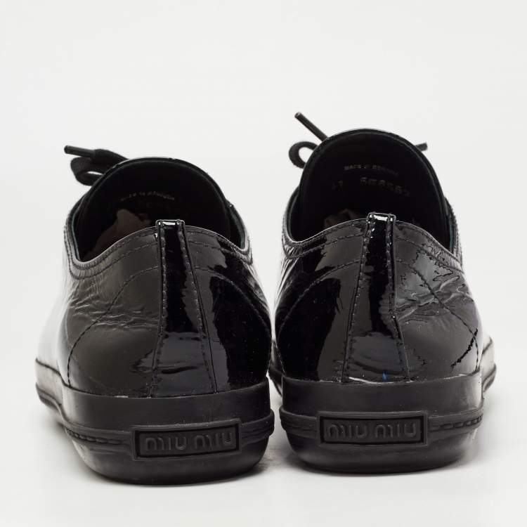 Pre Owned Miu Miu Black Patent Leather Crystal Embellished Cap Toe Low Top Sneakers Size 41