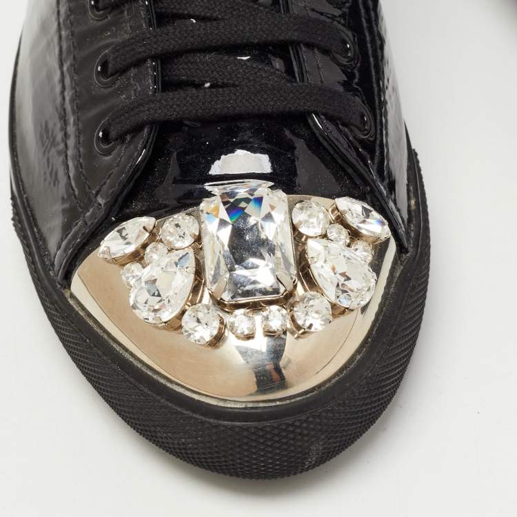 Pre Owned Miu Miu Black Patent Leather Crystal Embellished Cap Toe Low Top Sneakers Size 41