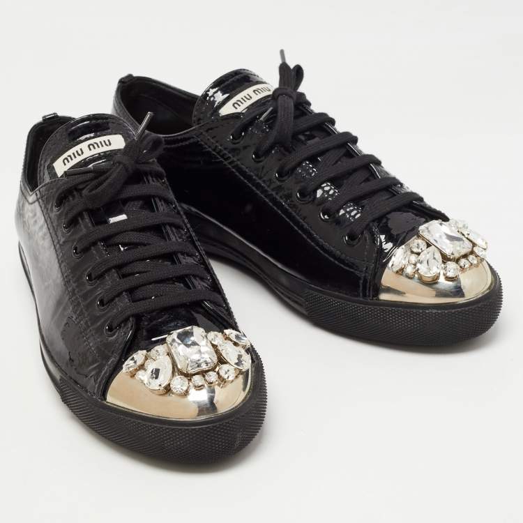Pre Owned Miu Miu Black Patent Leather Crystal Embellished Cap Toe Low Top Sneakers Size 41