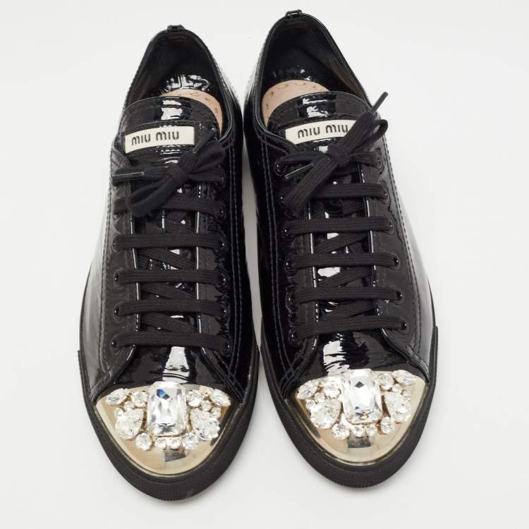 Pre Owned Miu Miu Black Patent Leather Crystal Embellished Cap Toe Low Top Sneakers Size 41