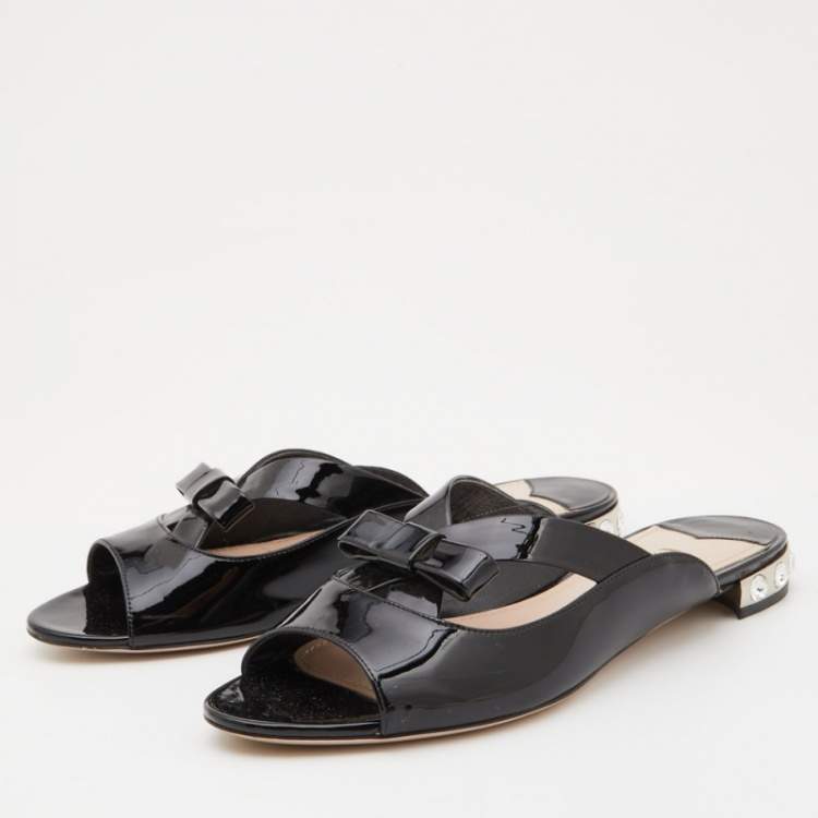 Pre Owned Miu Miu Black Patent Leather Crystal Embellished Flat Slides Size 40