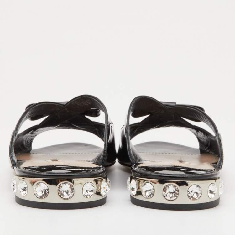 Pre Owned Miu Miu Black Patent Leather Crystal Embellished Flat Slides Size 40