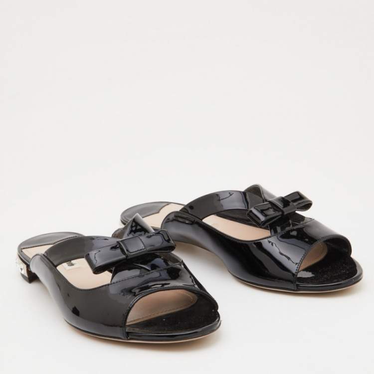 Pre Owned Miu Miu Black Patent Leather Crystal Embellished Flat Slides Size 40