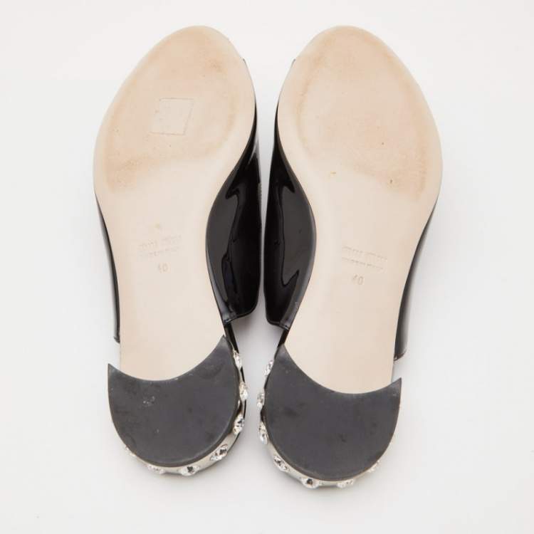 Pre Owned Miu Miu Black Patent Leather Crystal Embellished Flat Slides Size 40