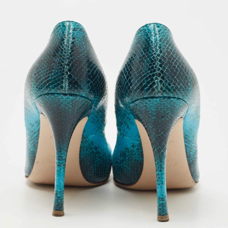 Pre Owned Miu Miu Blue/Black Embossed Snakeskin Pointed Toe Pumps Size 39.5