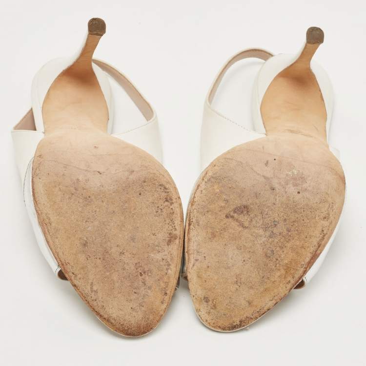 Pre Owned Miu Miu Metallic Silver/White  Leather Slingback Peep Toe Sandals Size 38.5