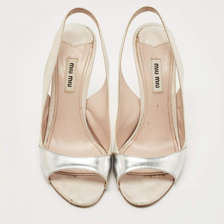 Pre Owned Miu Miu Metallic Silver/White  Leather Slingback Peep Toe Sandals Size 38.5