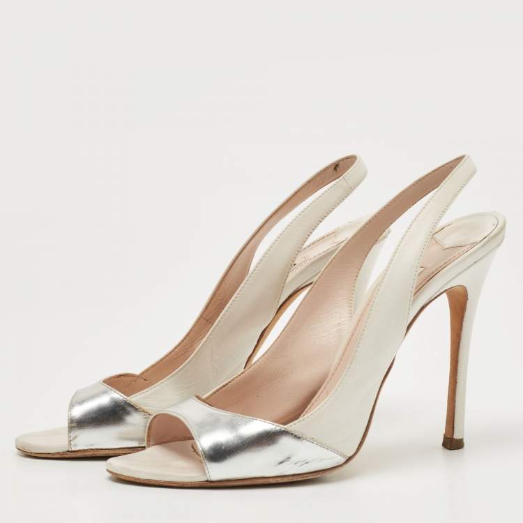 Pre Owned Miu Miu Metallic Silver/White  Leather Slingback Peep Toe Sandals Size 38.5