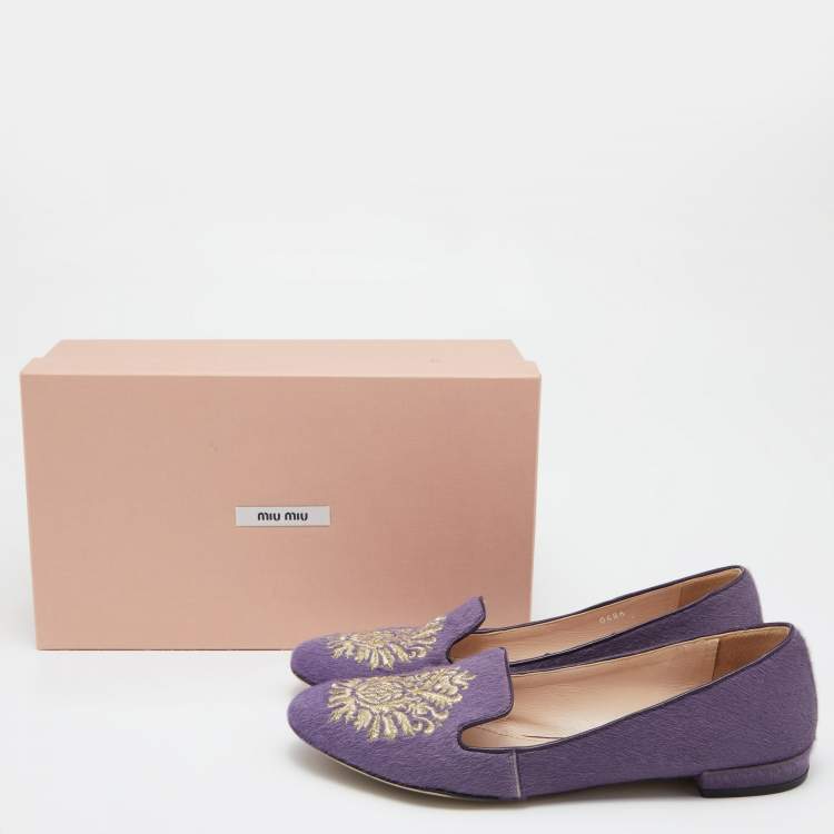 Pre Owned Miu Miu Purple Crest Embroidered Calfhair Smoking Slippers Size 39