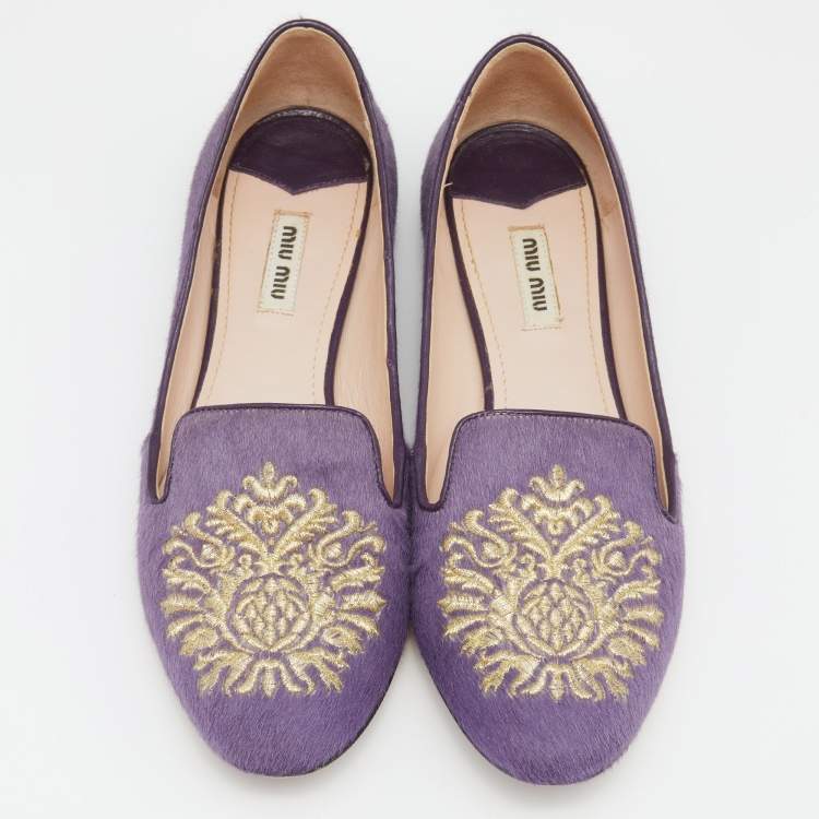 Pre Owned Miu Miu Purple Crest Embroidered Calfhair Smoking Slippers Size 39