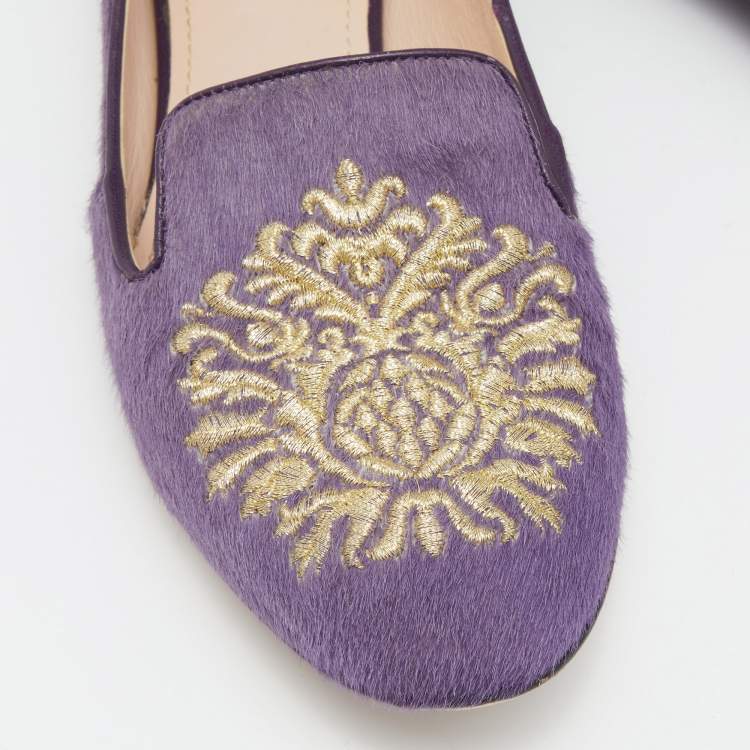 Pre Owned Miu Miu Purple Crest Embroidered Calfhair Smoking Slippers Size 39