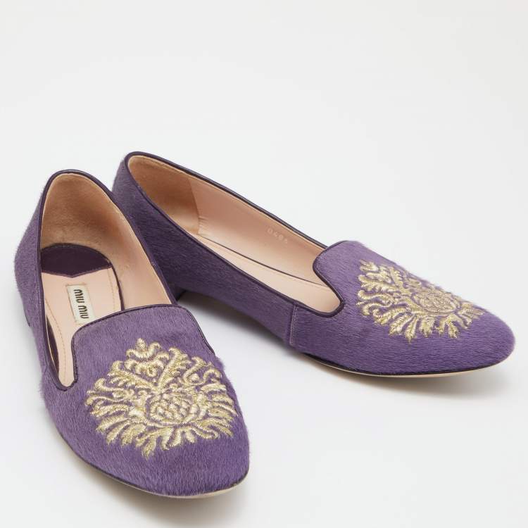 Pre Owned Miu Miu Purple Crest Embroidered Calfhair Smoking Slippers Size 39