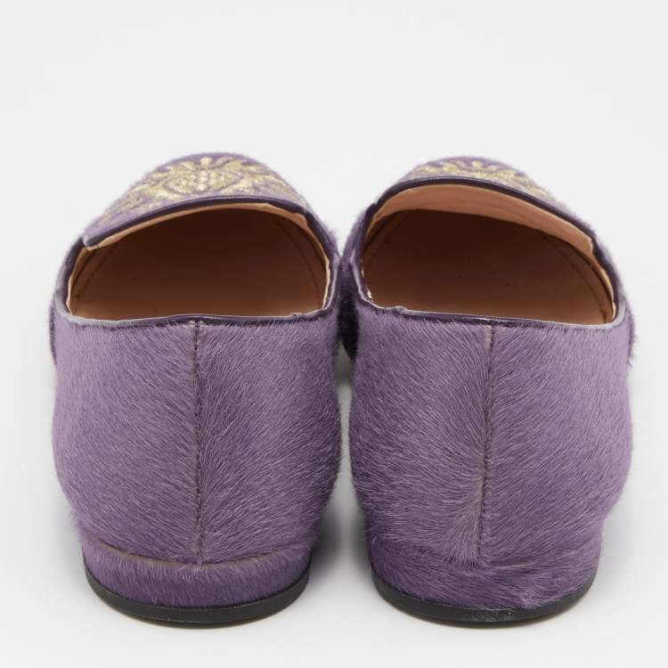 Pre Owned Miu Miu Purple Crest Embroidered Calfhair Smoking Slippers Size 39