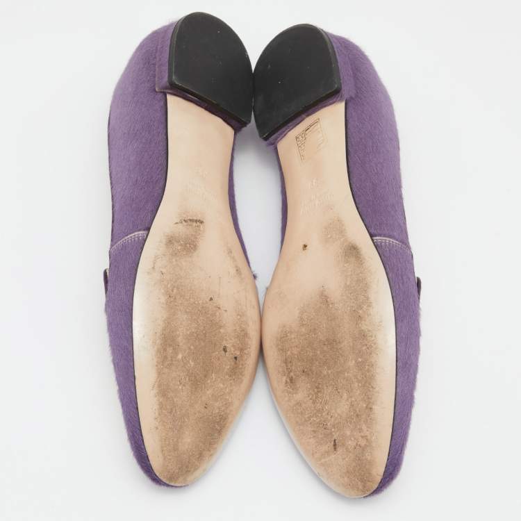 Pre Owned Miu Miu Purple Crest Embroidered Calfhair Smoking Slippers Size 39