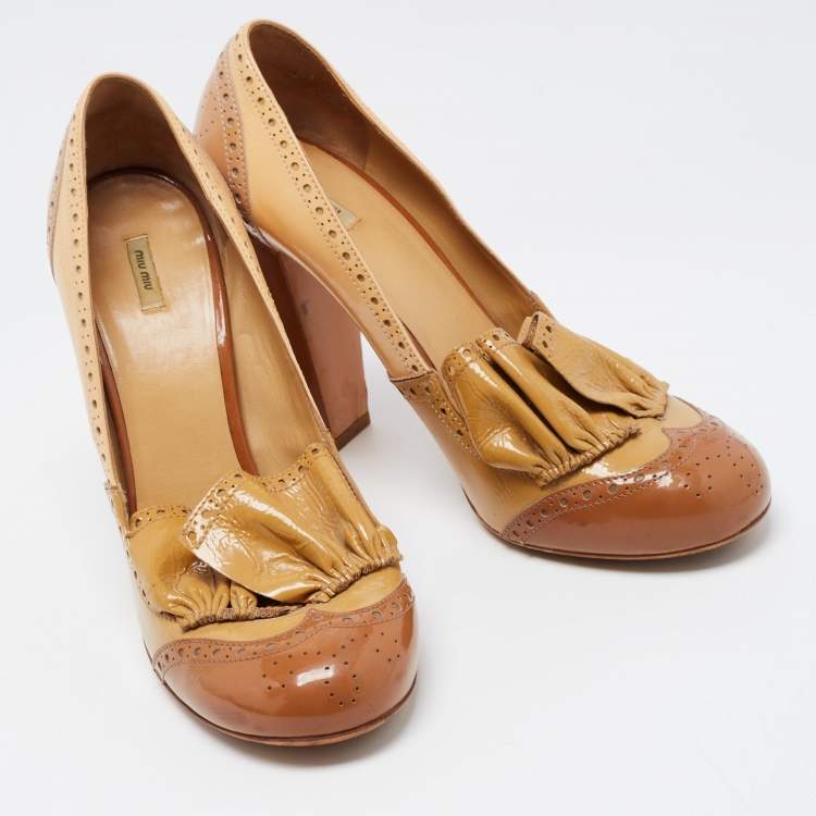 Pre Owned Miu Miu Tricolor Brogue Patent Leather Ruffle Pumps Size 40.5
