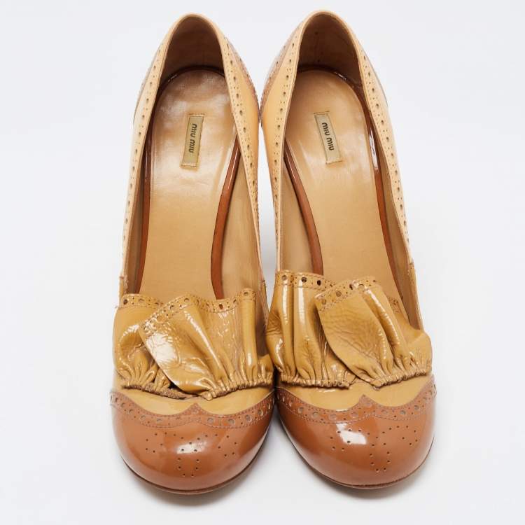 Pre Owned Miu Miu Tricolor Brogue Patent Leather Ruffle Pumps Size 40.5