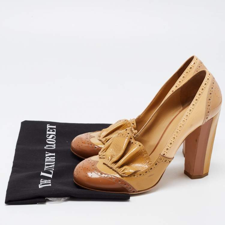 Pre Owned Miu Miu Tricolor Brogue Patent Leather Ruffle Pumps Size 40.5