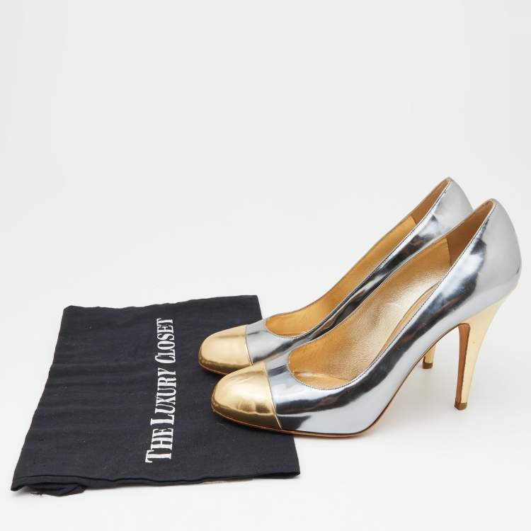 Pre Owned Miu Miu Silver/Gold Patent Leather Platform Pumps Size 39.5