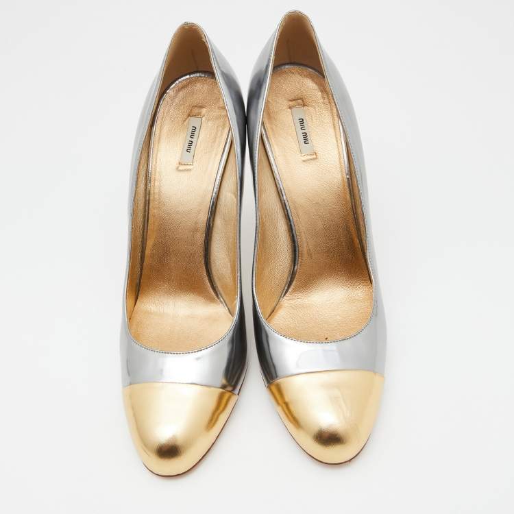 Pre Owned Miu Miu Silver/Gold Patent Leather Platform Pumps Size 39.5