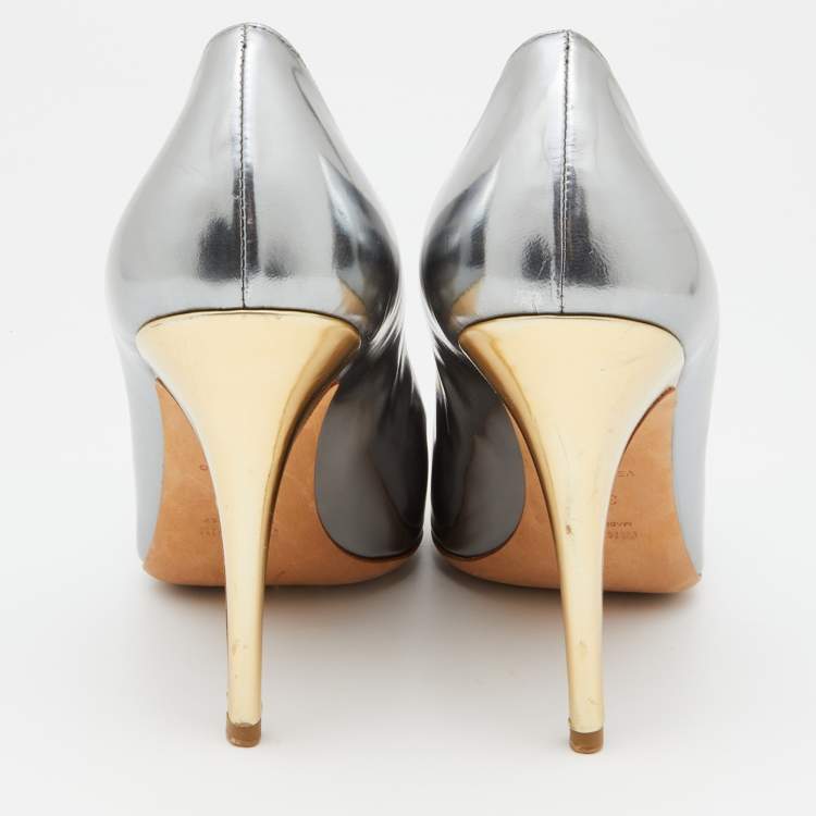 Pre Owned Miu Miu Silver/Gold Patent Leather Platform Pumps Size 39.5