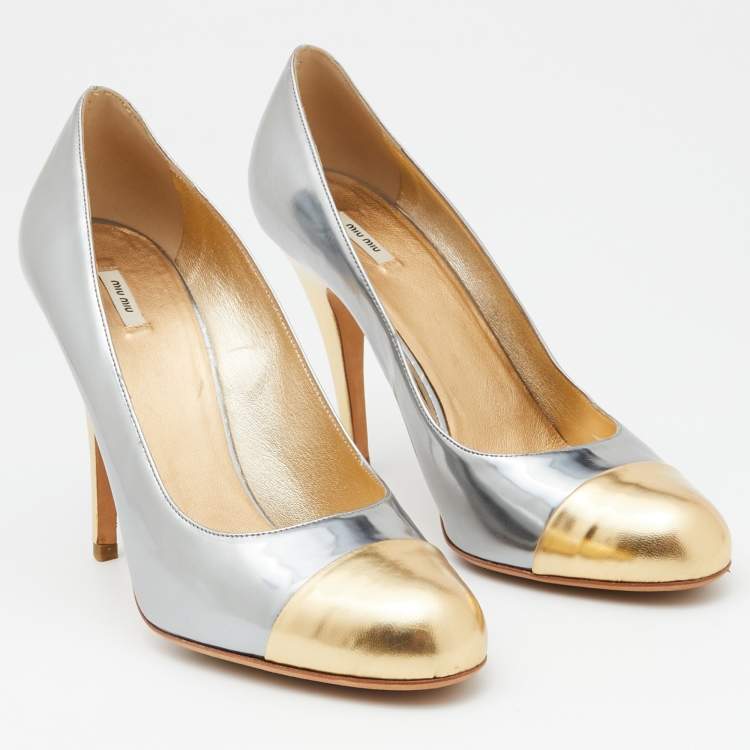 Pre Owned Miu Miu Silver/Gold Patent Leather Platform Pumps Size 39.5