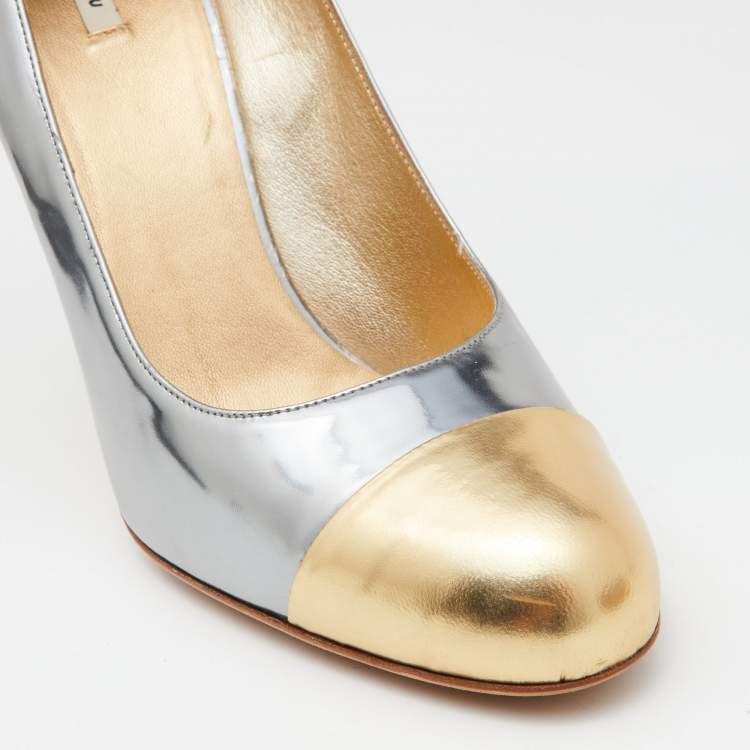 Pre Owned Miu Miu Silver/Gold Patent Leather Platform Pumps Size 39.5