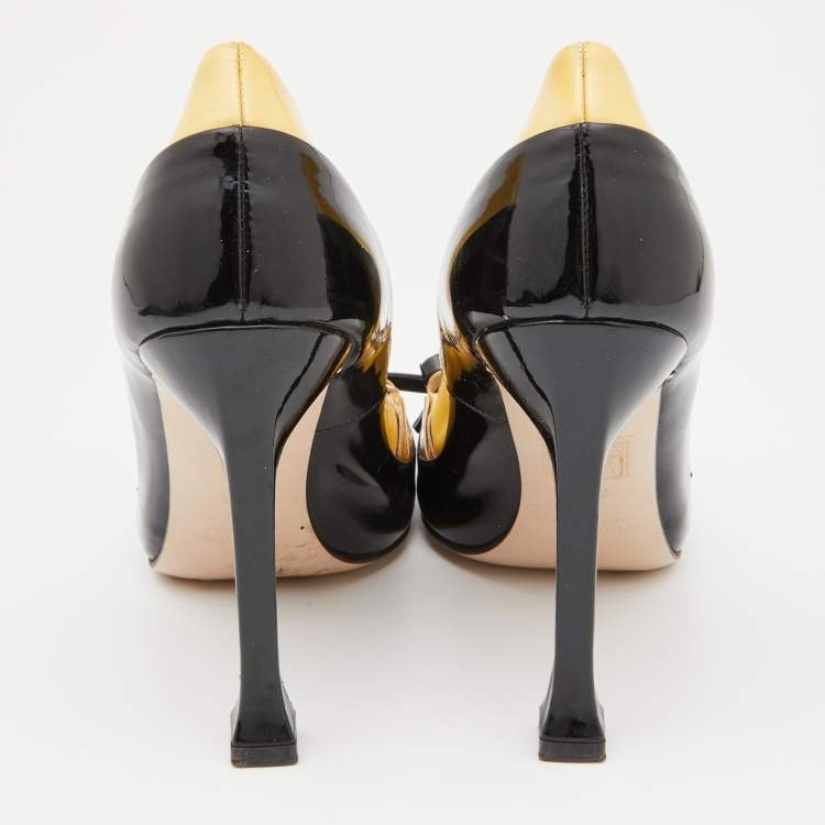 Pre Owned Miu Miu Black / Yellow Patent Leather Bow Detail Peep Toe Platform Pumps Size 37.5
