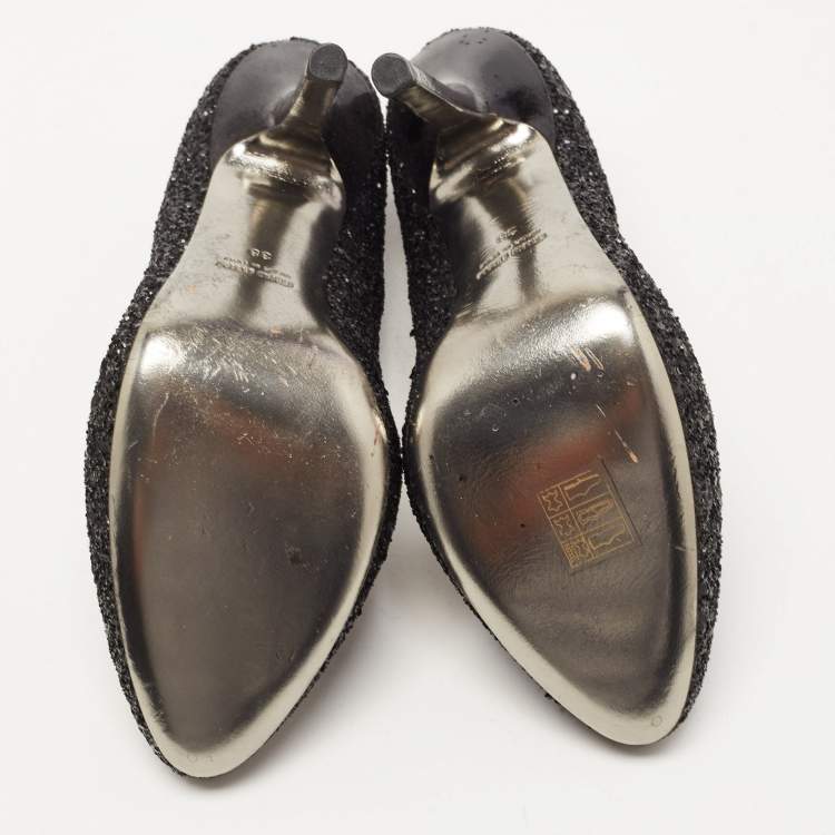 Pre Owned Miu Miu Black Glitter Round Toe Pumps Size 38