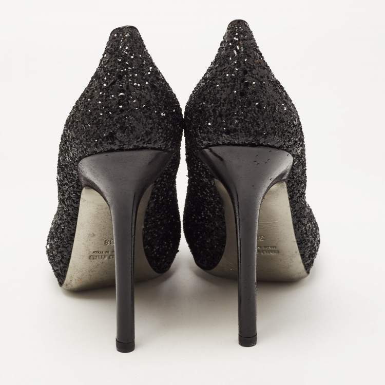 Pre Owned Miu Miu Black Glitter Round Toe Pumps Size 38