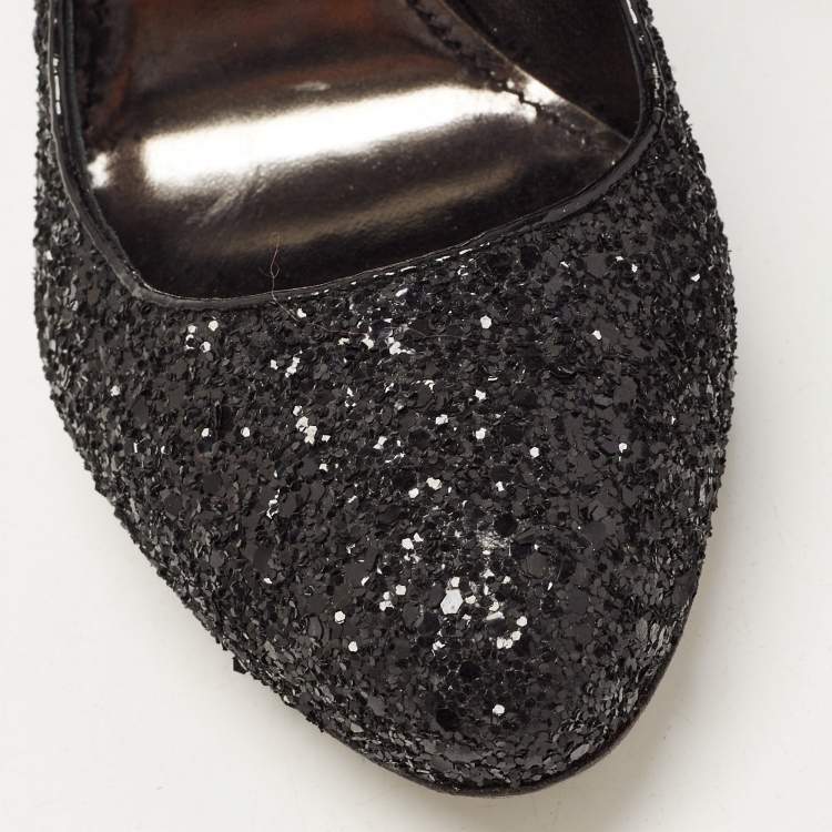 Pre Owned Miu Miu Black Glitter Round Toe Pumps Size 38