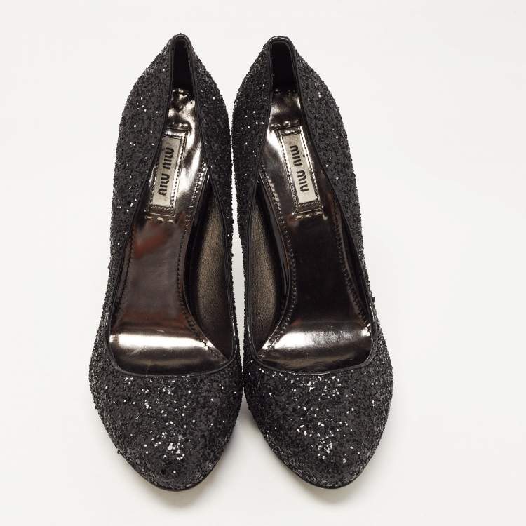 Pre Owned Miu Miu Black Glitter Round Toe Pumps Size 38