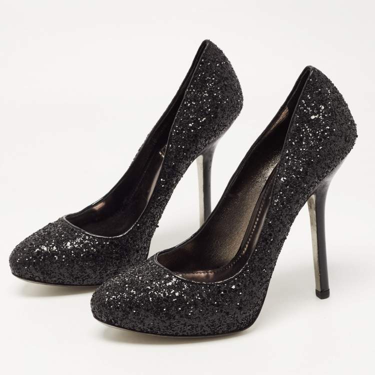 Pre Owned Miu Miu Black Glitter Round Toe Pumps Size 38