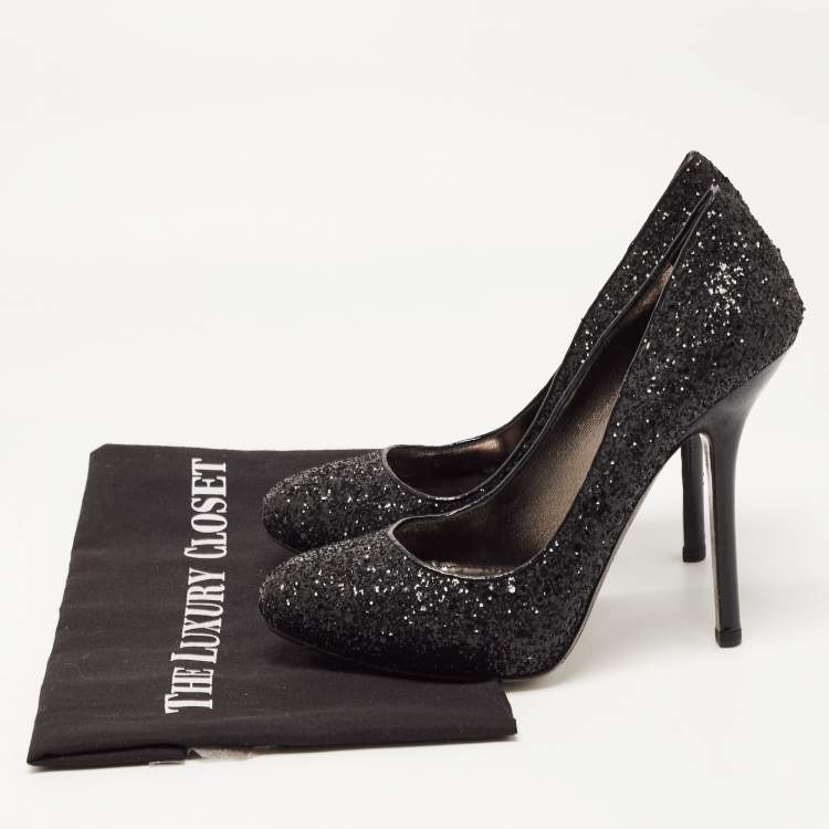 Pre Owned Miu Miu Black Glitter Round Toe Pumps Size 38