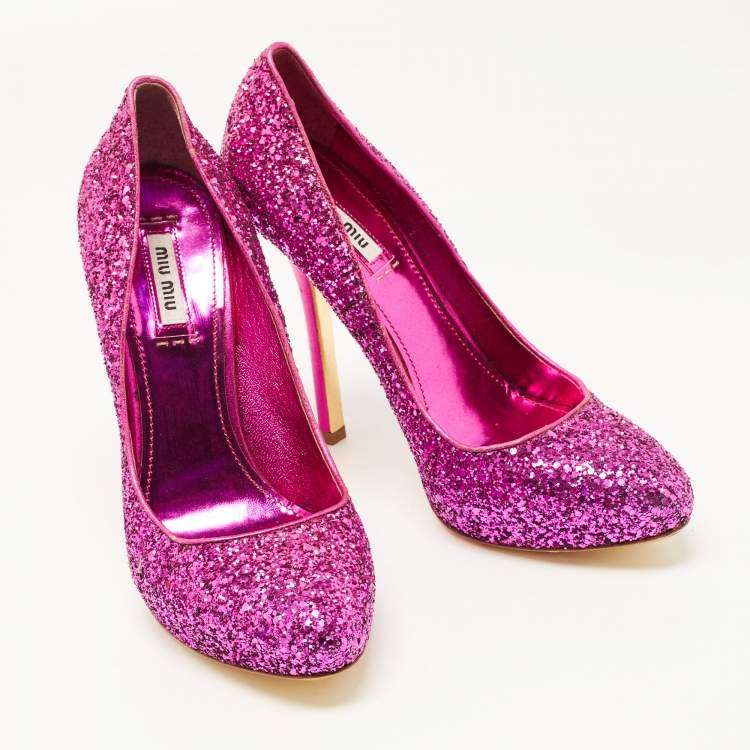 Pre Owned Miu Miu Purple Coarse Glitter Pumps Size 38