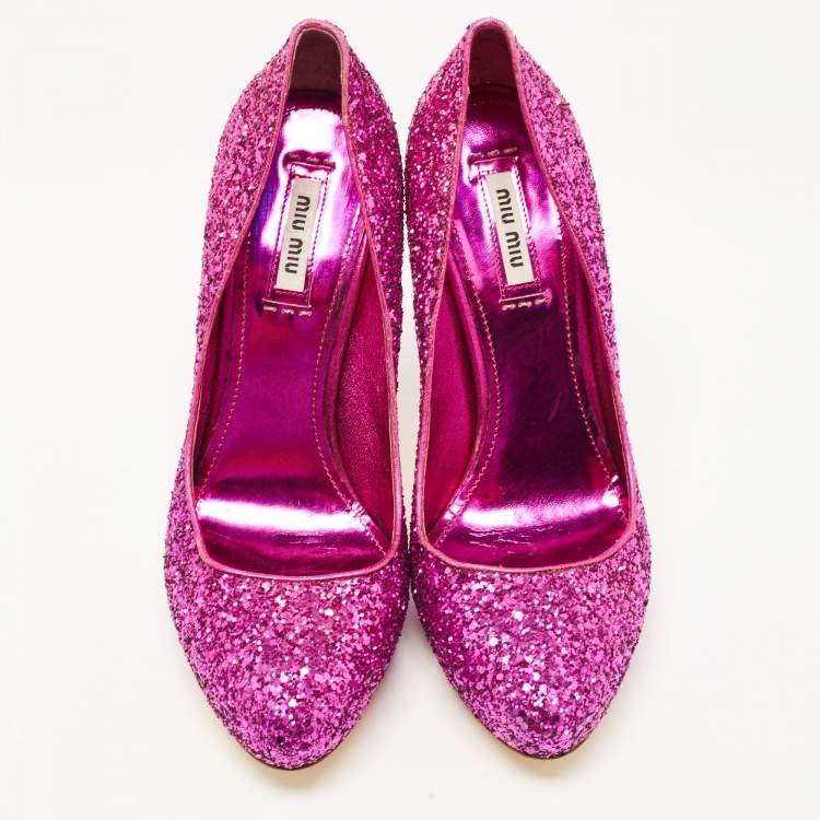 Pre Owned Miu Miu Purple Coarse Glitter Pumps Size 38