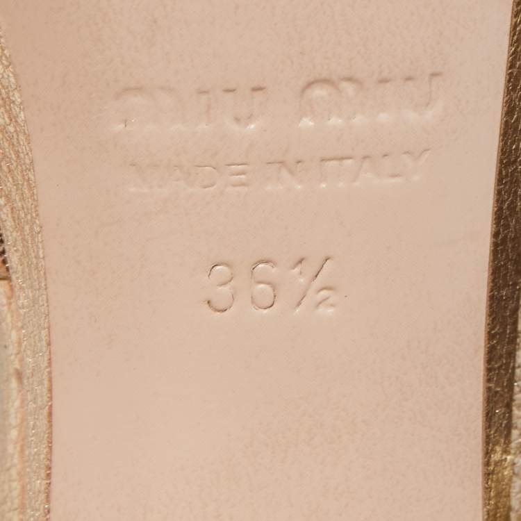 Pre Owned Miu Miu Gold Leather Crystal Embellished Ankle Strap Platform Sandals Size 36.5