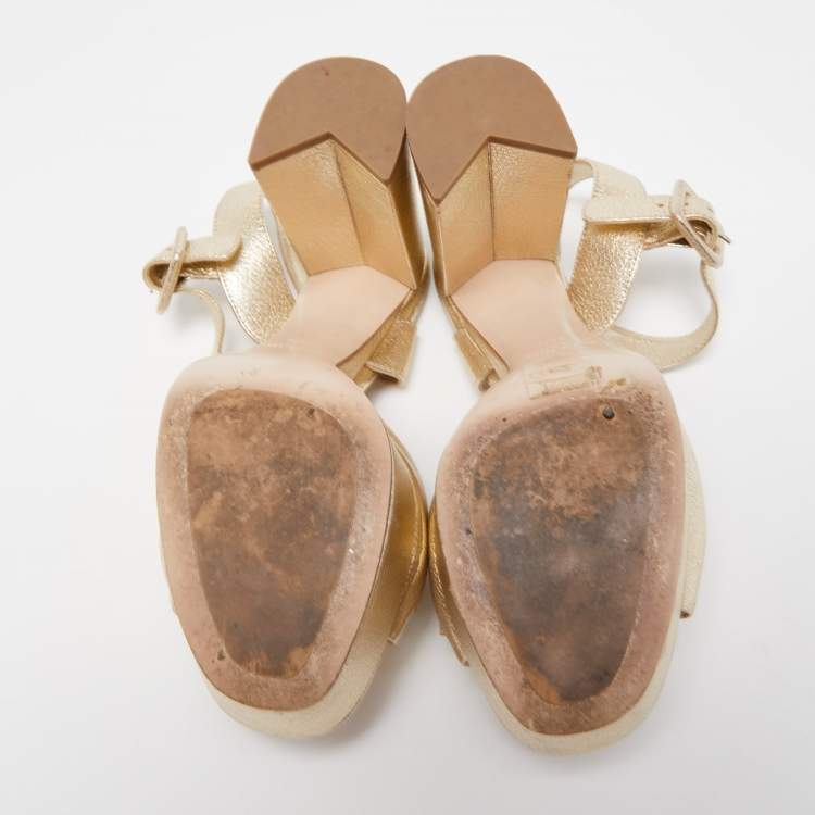 Pre Owned Miu Miu Gold Leather Crystal Embellished Ankle Strap Platform Sandals Size 36.5