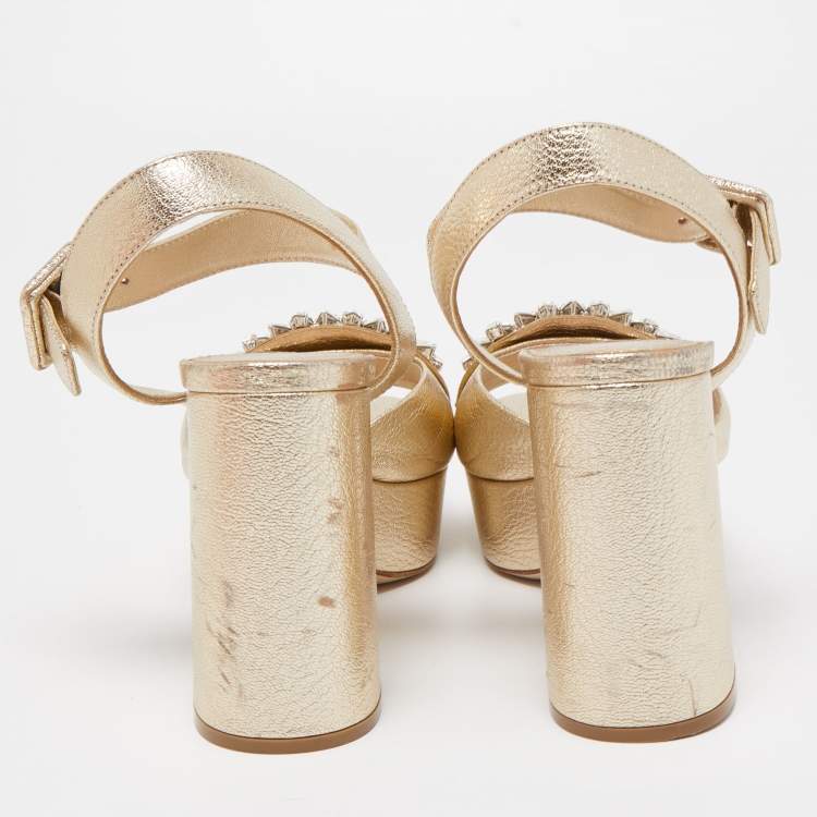 Pre Owned Miu Miu Gold Leather Crystal Embellished Ankle Strap Platform Sandals Size 36.5